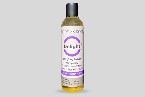 Delight Body Oil moisturizer,massage,CoQ10,Ubiquinol,CoenzymeQ10,shea butter,sweet almond oil,jojoba