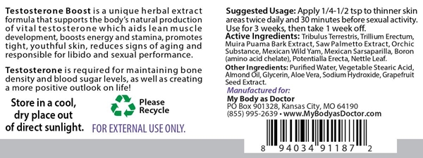 Testosterone Boost Herbal Cream Ingredients and Suggested Use instructions