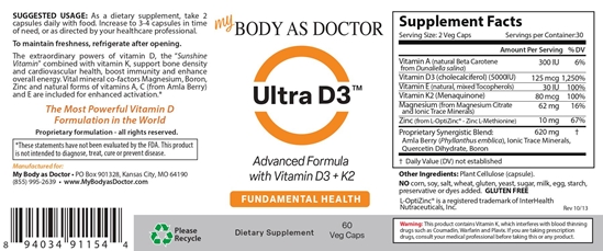 Ultra D3 advanced vitamin D+K formula, 60 cap product label