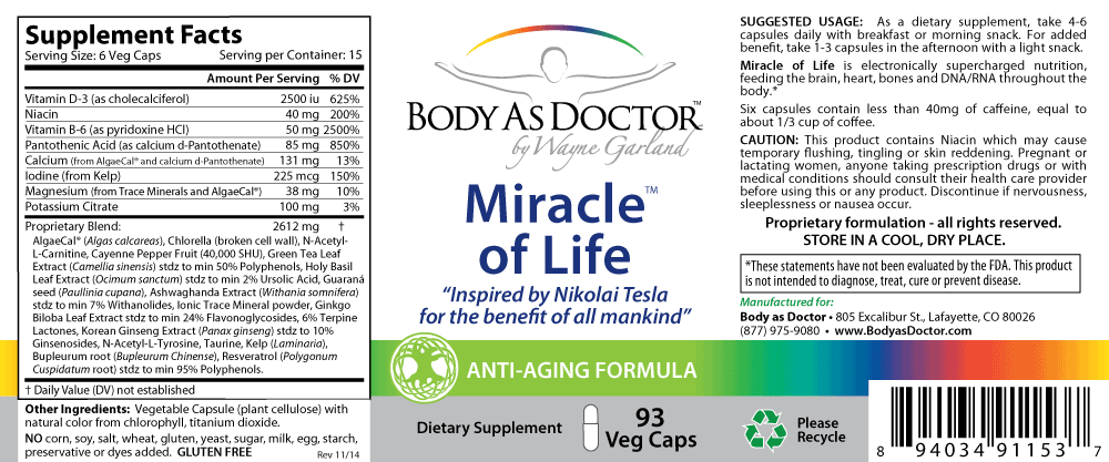 Miracle of Life 93 capsules bottle label